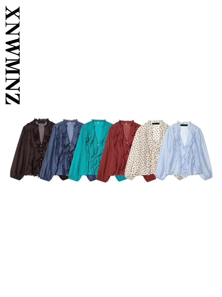 

XNWMNZ 2026 Summer New Woman Party Fashion Long Sleeve V-Collar Tierred Shirt Casual Chic Lady Single-breasted club Thin Slim