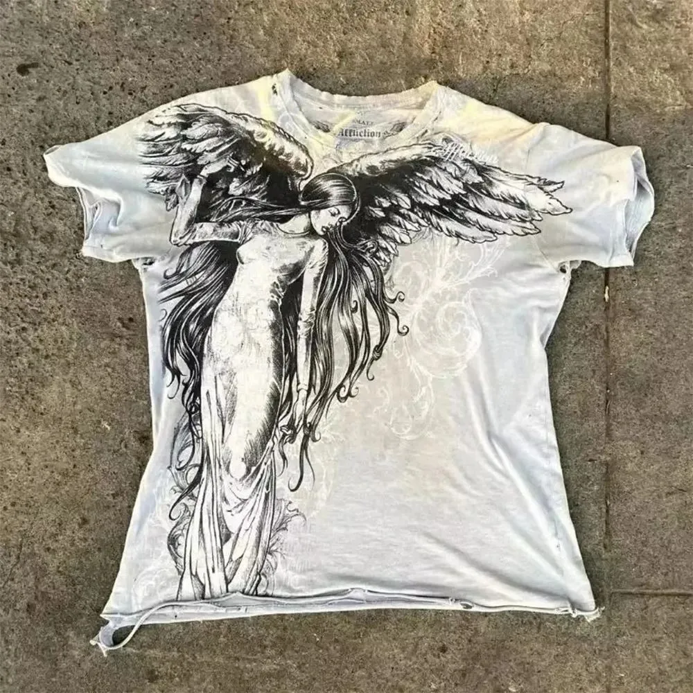 2026NEW Summer European and American fashion men's breathable and comfortable round neck T-shirt wing cross print outdoor top