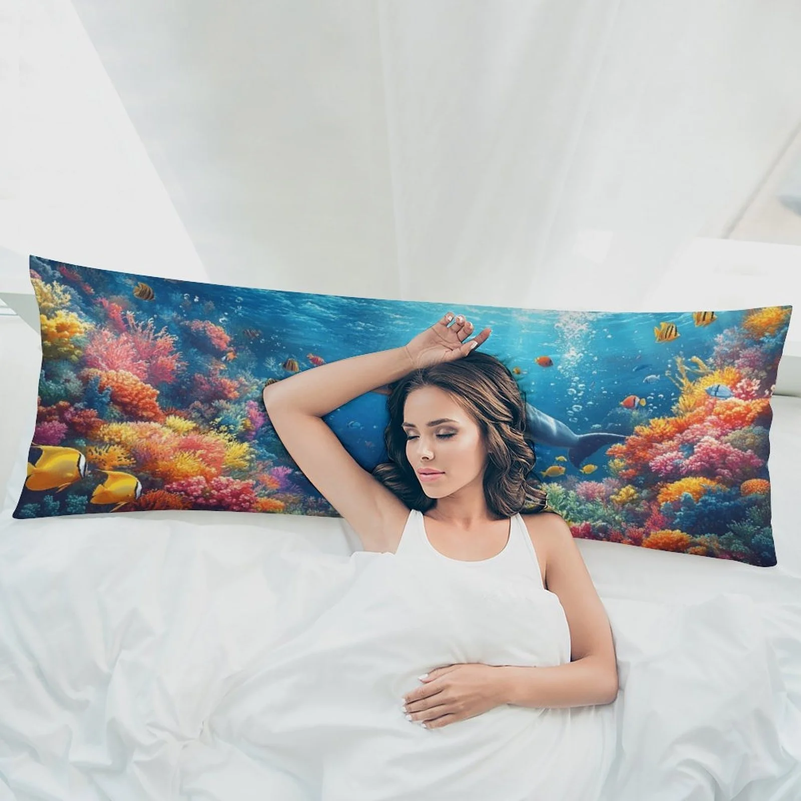 Marine Life Dolphin Pattern Pillowcase, Stylish Plush Long Bed Pillowcase, Soft and Comfortable Decorative Double-Sided Print La