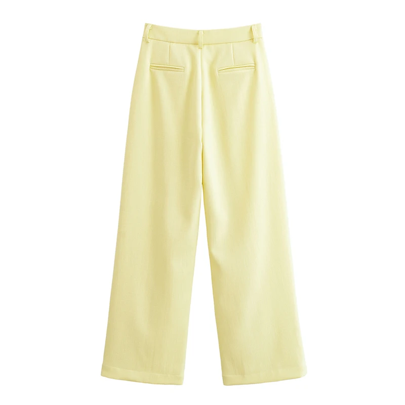 YENKYE Women New Fashion Office Wear Yellow Pleated Wide Leg Pants Mid-rise Loose Casual Autumn Trousers