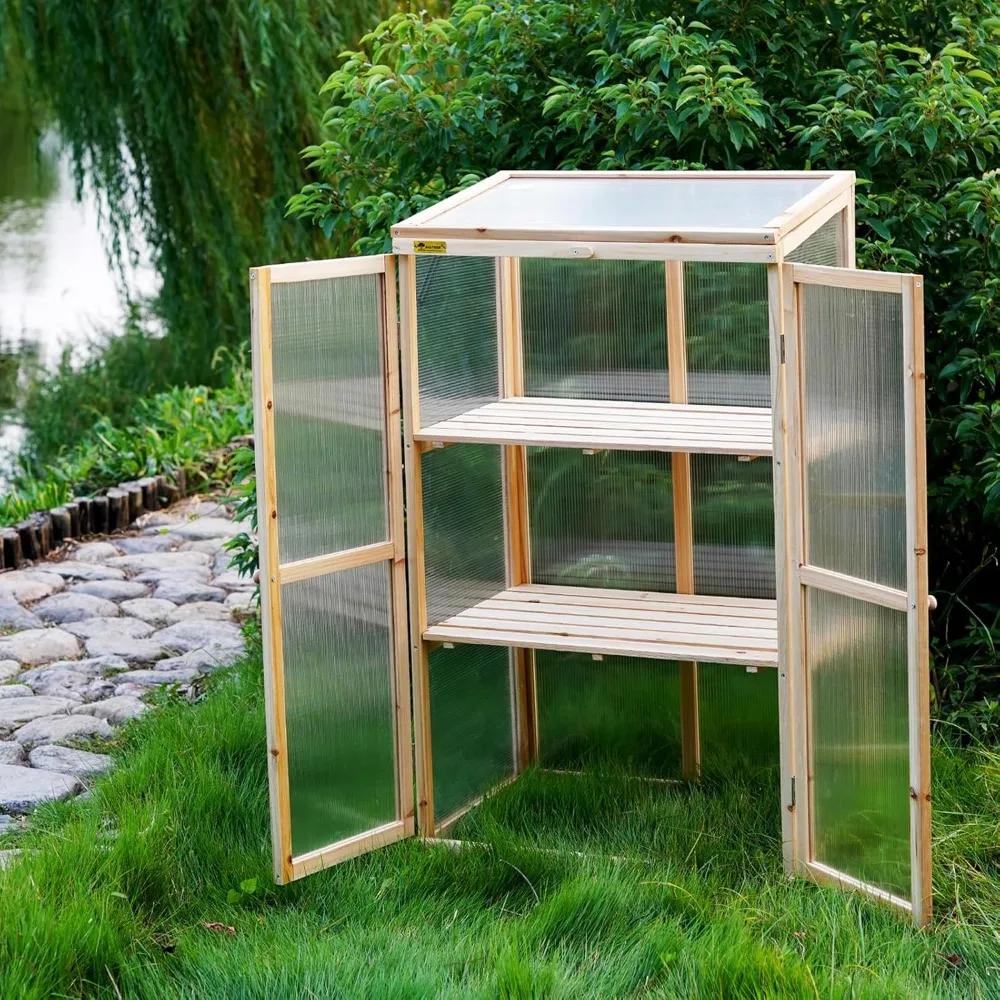 Wooden Green House Mini Greenhouse Indoor/Outdoor Nursery Vented Cold Frame Portable Garden Planter Raised Plants Top