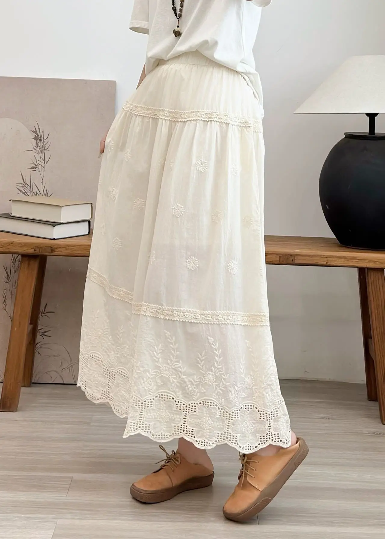 Summer New Japanese Sweet Mori Girl Embroidery Hollow Out Skirts Women Solid Color Elastic Waist Casual Loose A-Line Skirts
