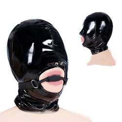 Patent Leather Headgear Open Mouth Head Harness Hood with Zipper BDSM Bondage O Ring Open Mouth Gag Set Adult Sex Toys