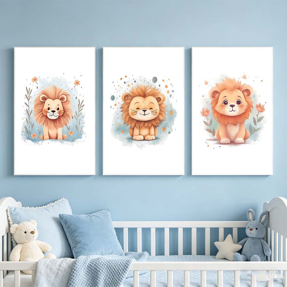  Nursery Wall Art, Nordic Cute Woodland Lion Canvas Painting | Baby Poster for Toddler Kids Room Wall Decor 