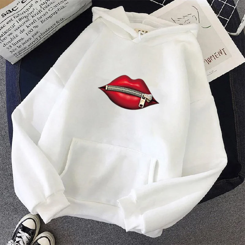 2024 Autumn Winter Hoodies Sportwear Women's Hoodie Pullover Sweatshirt Stylish Lip Print With Thick Long Sleeves Tops Loose