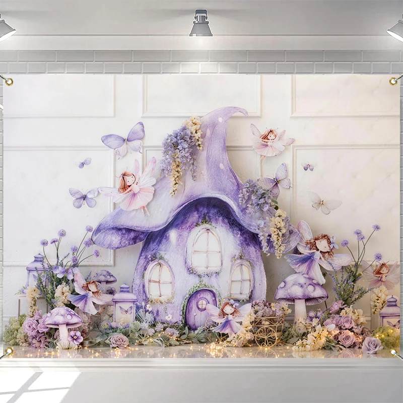 

LS Dreamy Fairy Tale Mushroom Backdrop Pink Purple Fantasy Scene Kids Cake Smash Props Clothing Toys Baby Photography Background