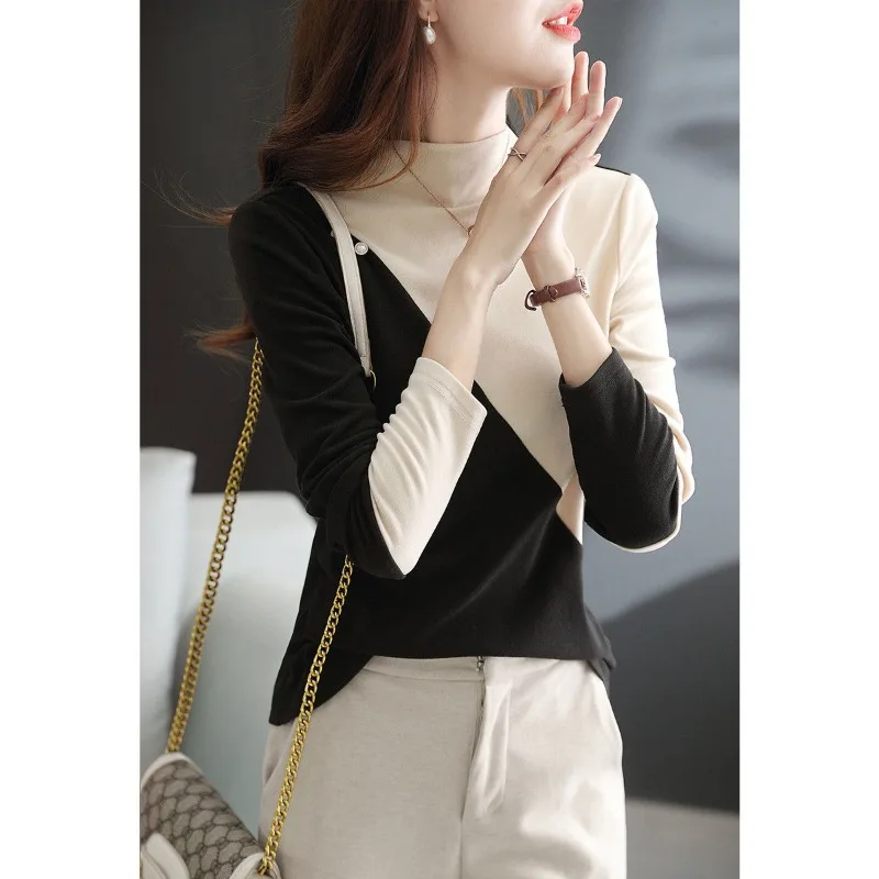 

Половина высокого воротника в стиле пэчворк контрастных цветов, нижняя рубашка, женская весенне-осенняя простая футболка, универсальная трендовая футболка