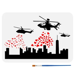 1Bag Banksy Helicopters and Hearts Painting Stencil with Plastic Paint Brush 8.3x11.7 Reusable Helicopters Pattern Template