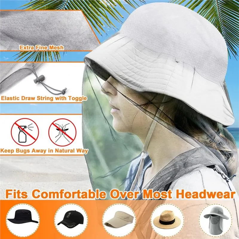 Mosquito Head Net Mesh, Face Neck Fly Netting Hood Screen Net For Bugs Gnats Noseeums, Fits Most Hat Cap Sizes