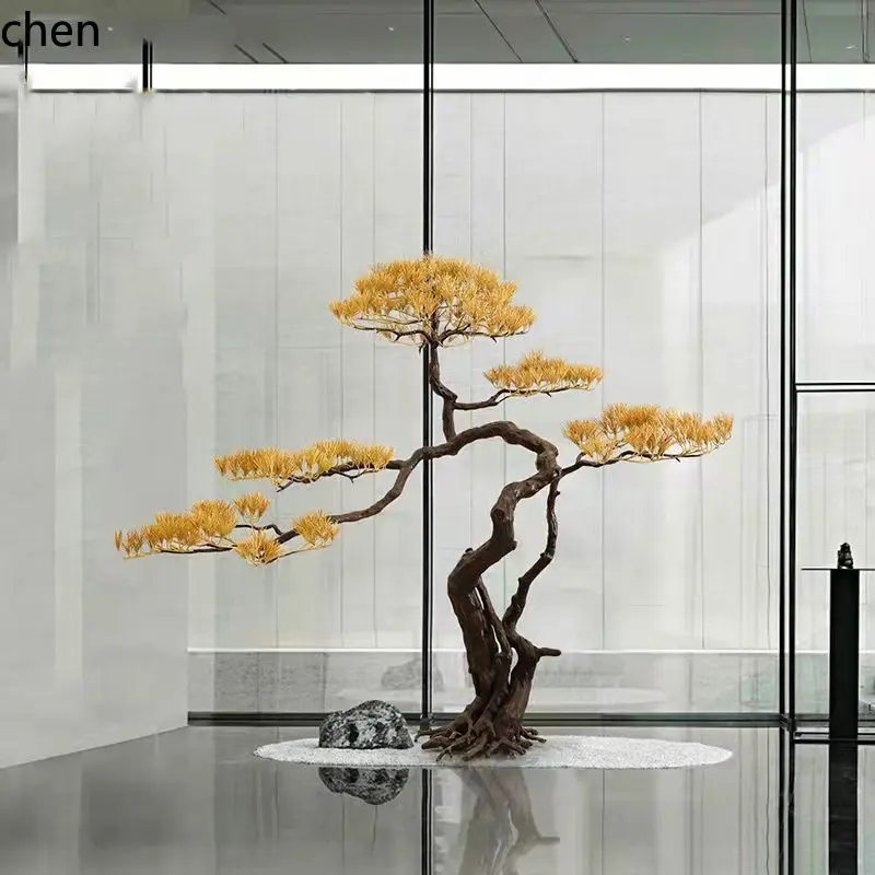 Ht  new chinoiserie welcome pine iron art ornaments entrance artificial metal floor pine tree sculpture model room decoration