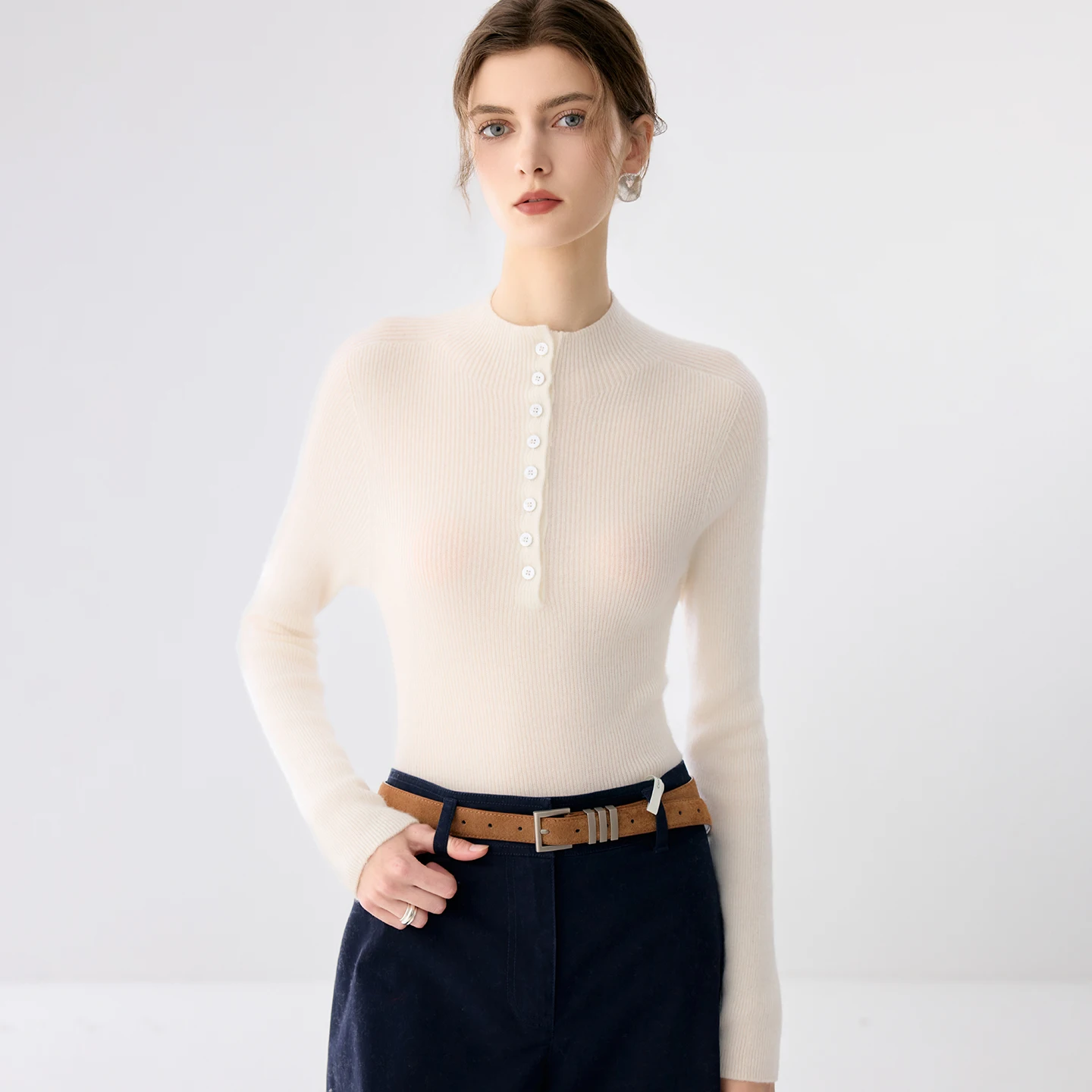Autumn Winter New Women 100% Premium Cashmere Pull‑Striped Mock Neck Half‑Button Pullover Basic Slim‑Fit Layering Knit Sweater