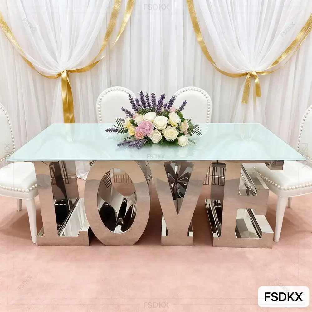 

FSDKX Luxury Design Golden Stainless Steel With Love Base and Glass Top Rectangle Restaurant Dining Table