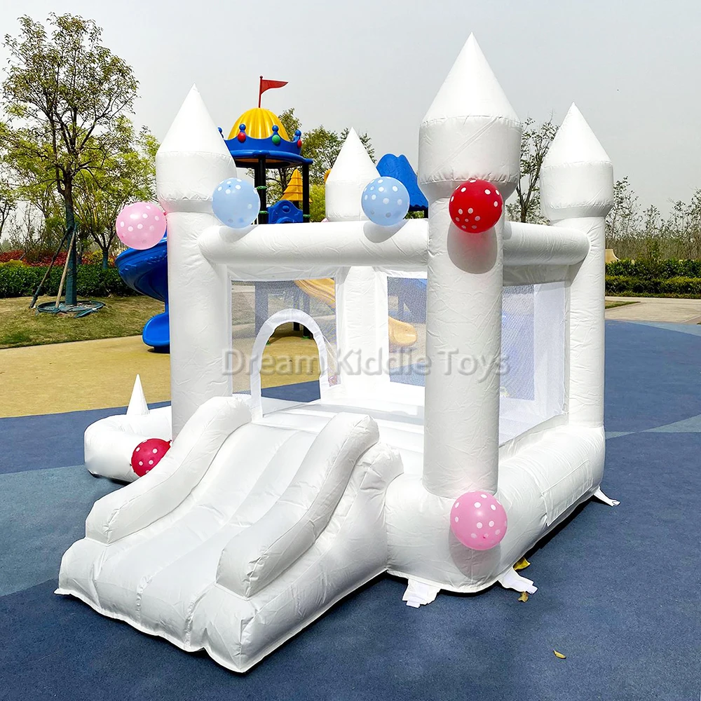 Witte Bounce Huis Pvc Opblaasbaar Springkasteel Met Glijbaan En Ballenbak Met Luchtblazer Voor Kinderen