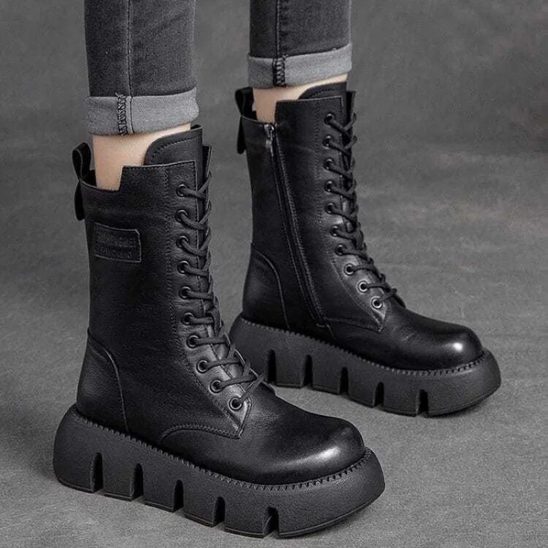 

Platform Short Boots 2025 Autumn/Winter New Round Toe Lace-up Side Zipper Casual Platform Shoes for Women Spring High Appearance