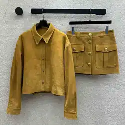 2024 New suede lapel short shirt and waistband short skirt