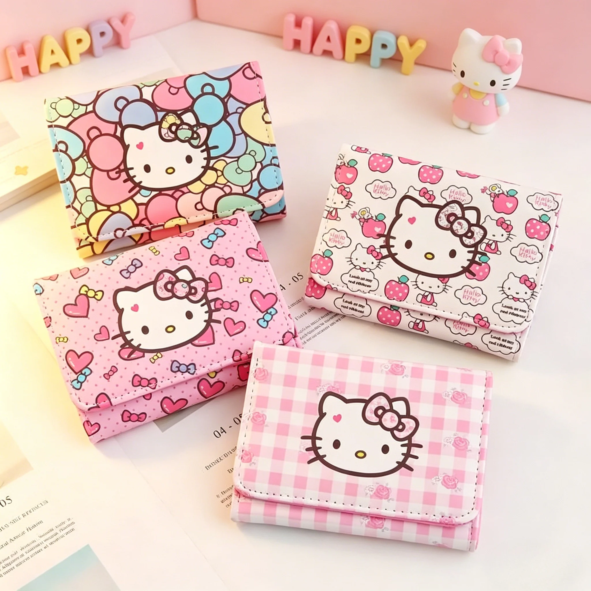 Hello Kitty Coin Purse Portable Kawaii Cartoon Wallet Women's Short Small Fresh Girl's Heart Folding Princess Daily Mini Storage