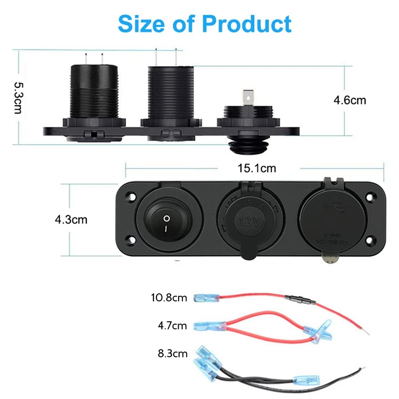 Lighter Socket 12V/24V With Rocker Toggle Switch PD&QC3.0 USB C Outlet With LED Voltmeter Waterproof For Car Boat