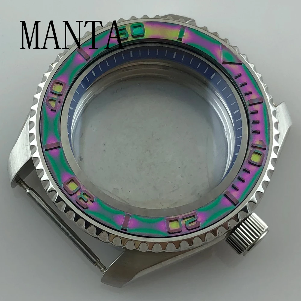 مانتا 42 مللي متر حافظة من الفولاذ المقاوم للصدأ الأزرق الديكور الدائري الياقوت ساعة زجاجية أجزاء حركة FitNH35NH36