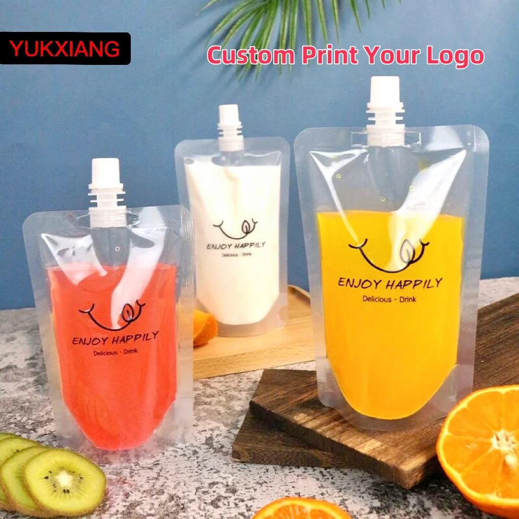 Convenient Transparent Suction Mouth Standing Bag, Custom Pattern Can Be Reused, Milk Tea Juice Beer Beverage Liquid Bag,100Pcs