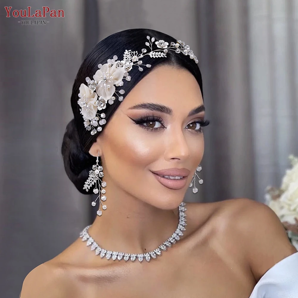 YouLaPan HP275 Braut Stirnband Hochzeit Haar Zubehör Blume Braut Kopfschmuck Mädchen Frau Headwear Ohrring für Party Kopfstück