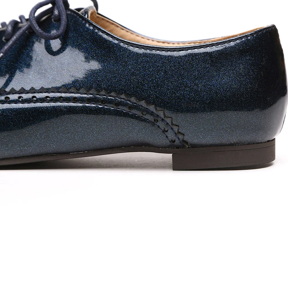 Brand New Fashion Women Glossy Oxfords Black Blue White Female Brogue Shoes Low Heels ASP51-5 Plus Big Size 32 43 10