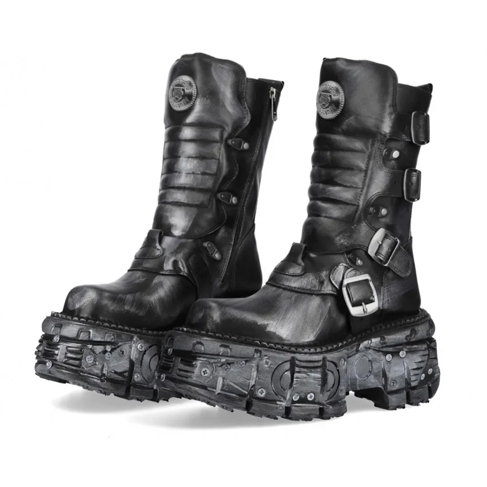 

Fashion Women's Motorcycle Boots Punk Buckle Strap New Tank Sole Street Rock Mid-calf Black Sports Casual Western Knight Boots