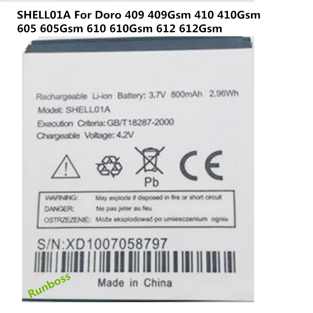 3.7V 800mAh Battery SHELL01A For Doro 409 409Gsm 410 410Gsm 605 605Gsm 610 610Gsm 612 612Gsm Elder Mobile Phone Batteria