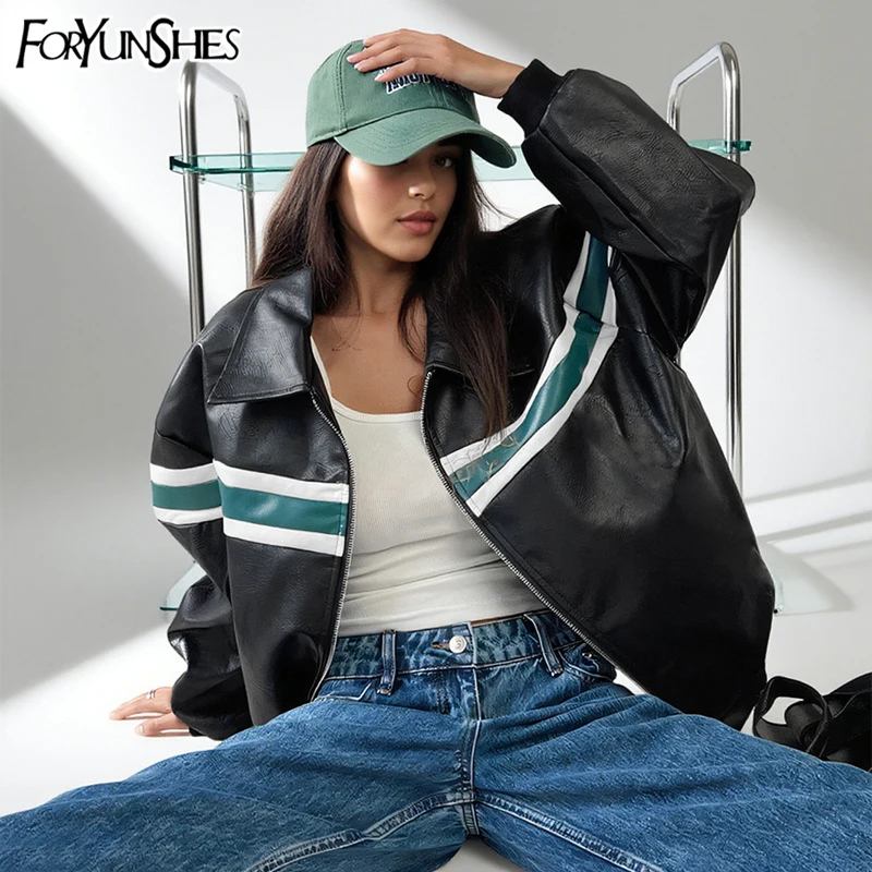 

Women Stripe Print PU Faux Leather Casual Jackets Fairy Long Sleeve Lapel Baggy Coat 2025 Fall Winter Biker Y2K Clothes