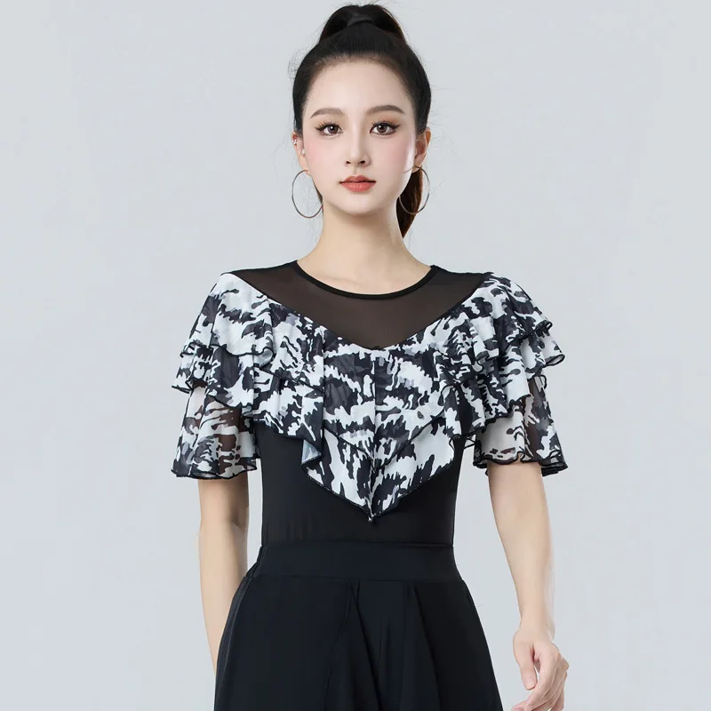 2025 Summer New Female Adult Latin Dance Top Mesh Printing Medium Sleeve Crew Neck Dance Practice Clothes