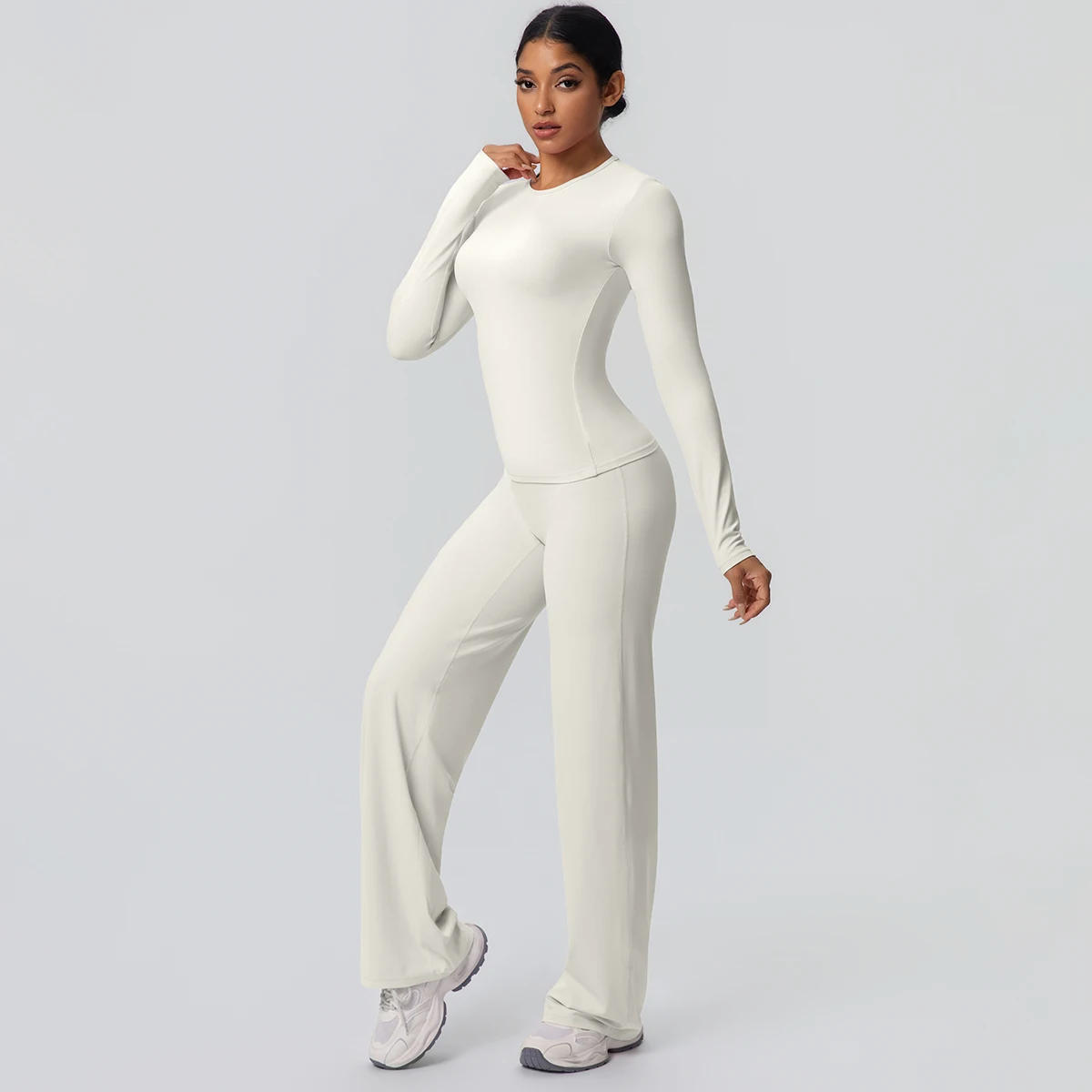 2 stück Frauen Gym Yoga Set Lauf Shirts Schlank Lange Ärmel Workout Top Schnell Trocknend Hohe Stretch Breite Bein Hosen dünne Yoga Set – Detail 27