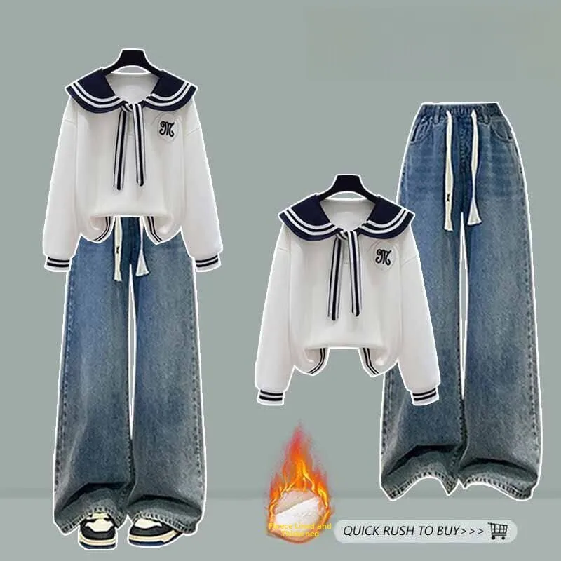 

Winter Thickened Fleece Lined Navy Collar College Style Warmth Retention Women's Two Piece Set Elastic Denim Pants Included