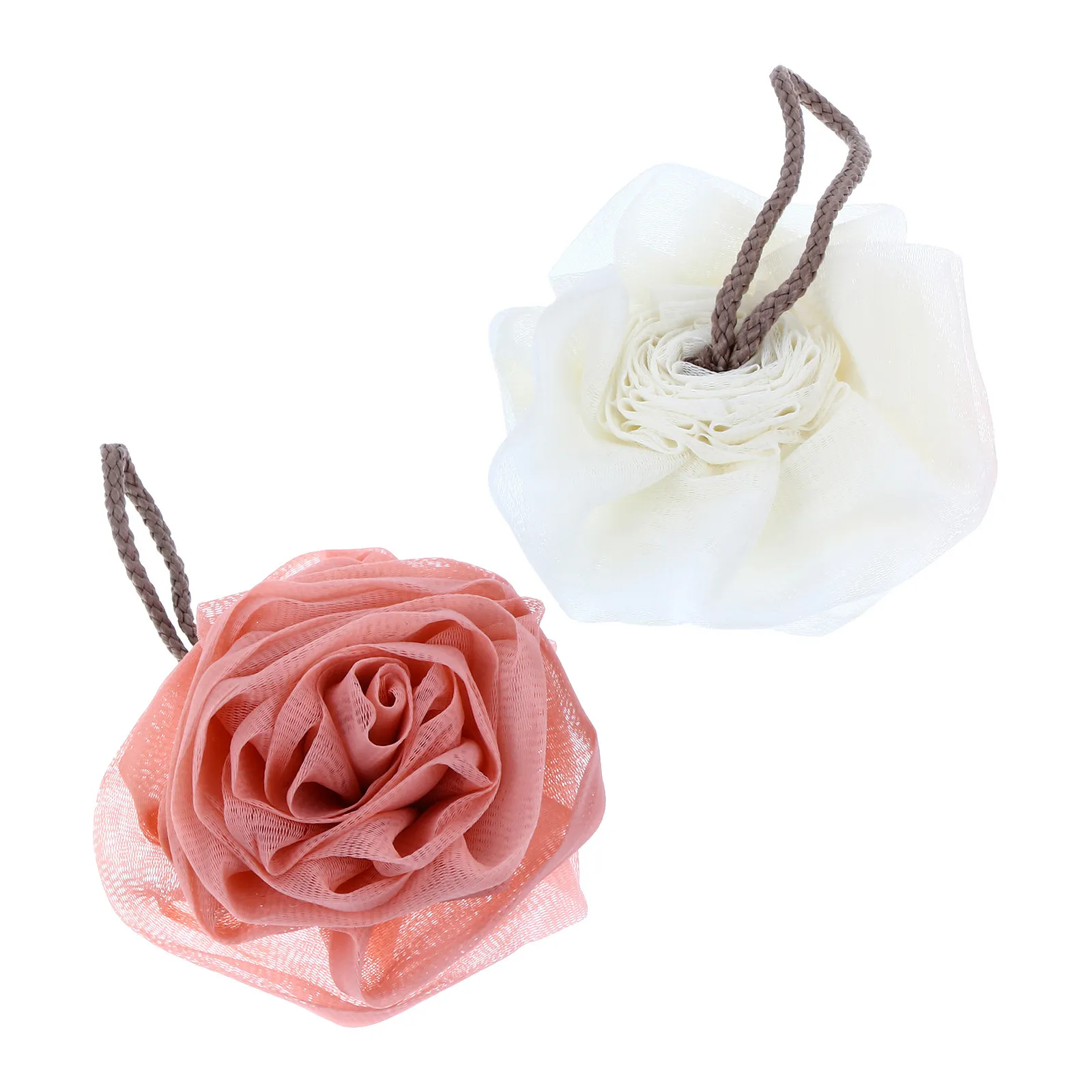 2Pcs Rose Shape Bath Flower Ball Mesh Shower Pouf Exfoliating Sponge Low Soap Consumption Fast Drying Hanging Loop Body Cleanser