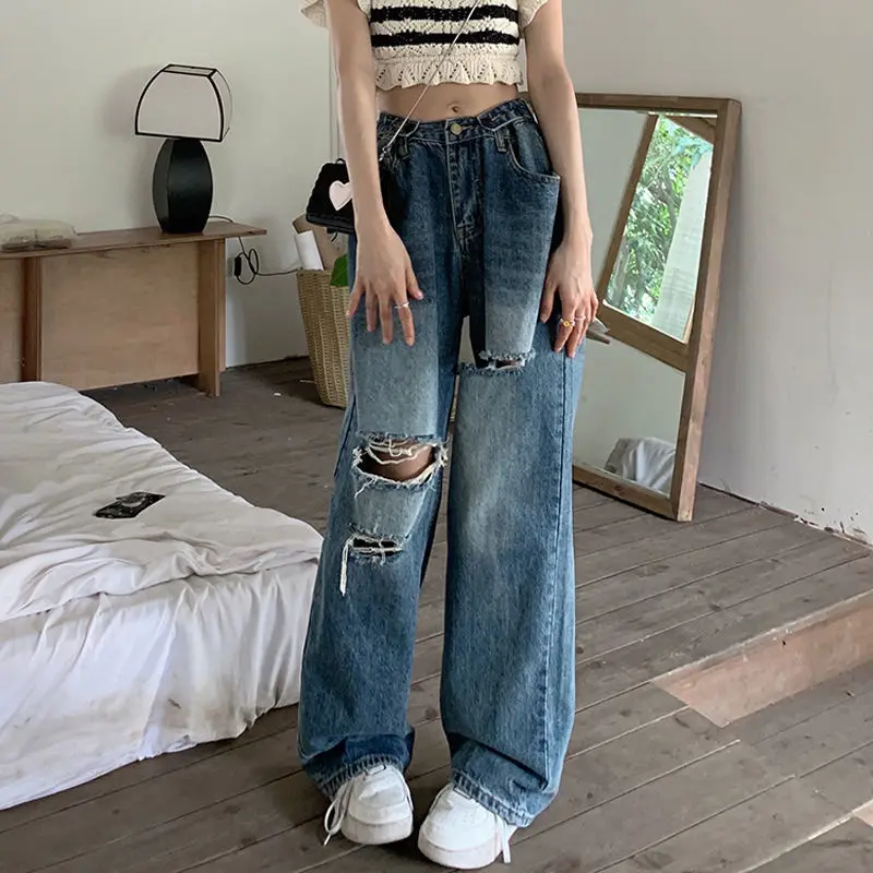 Korean Vintage High Waist Hole Straight Jeans Womens Loose Denim Pants 2023 Casual Female Wide Leg Pants Streetwear Mom Jeans