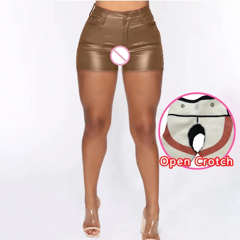 Mini leggings en cuir PU pour femmes, entrejambe ouvert, sexy, taille haute, trou ouvert, fermetures à glissière cachées, pantalons, extérieur, sexe, sans entrejambe