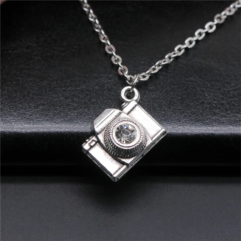 Dropshipping Antique Silver Color 20x16mm Camera With Crystal Pendant Necklace For Women