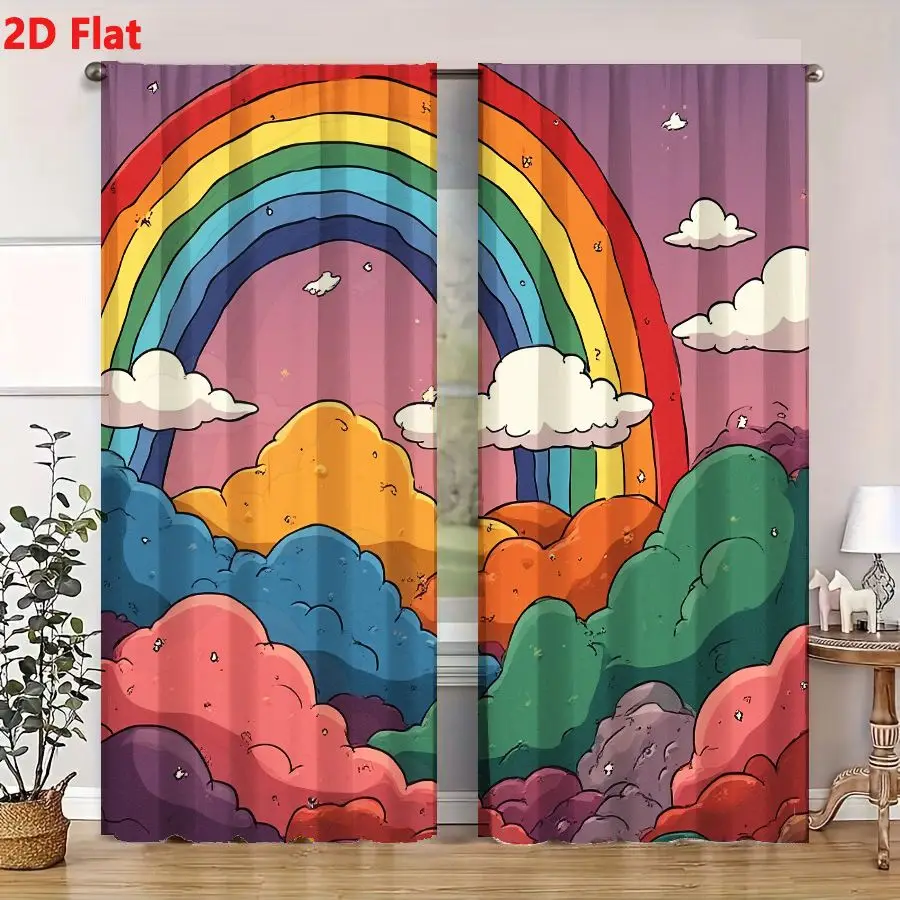 2Pcs Curtains 2D Flat Cartoon-Style Whimsical Landscape With Large Rainbow And Multi-Colored Fluffy Clouds Under Light Purple Sk 4
