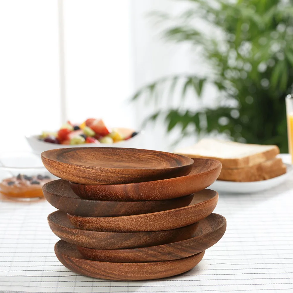 Acacia Wood Dinner Plates Round Wood Plates For Fruits Dishes Snacks Dessert Sushi Salad Tea Serving Tray Kitchen Tableware