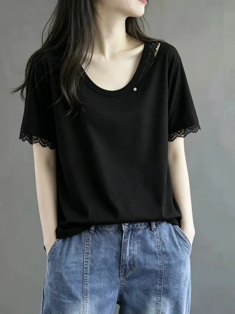 Gray Lace Trim Splice Hollow out round Neck Short Sleeve T-Shirt Women Summer New Loose Casual Versatile Meat Covering Top