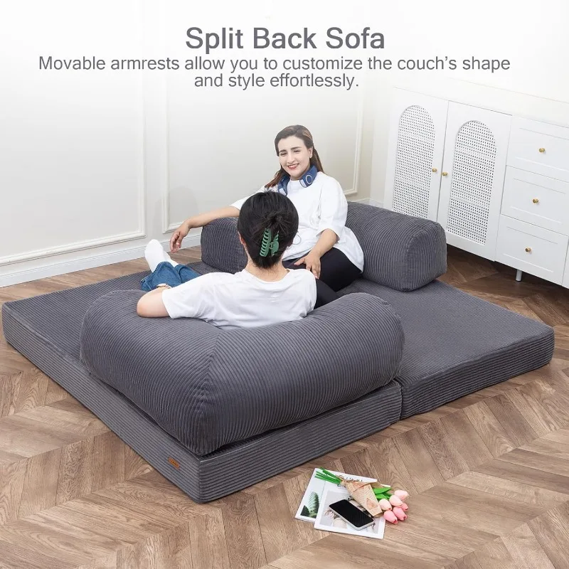 Tempat Tidur Sofa, Tempat Tidur Sofa Lipat Lantai 4-In-1 Queen dengan Sandaran Tangan Berbentuk L, Kasur Tidur Tempat Tidur Kursi Lipat Dapat Dikonversi