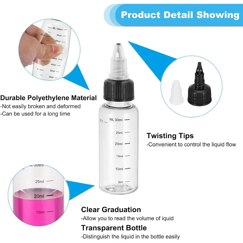

1oz(30ml) Plastic Dispensing Bottle, 15Pcs Squeeze Graduated Empty Bottles with Black Twist Cap for Liquid, Oils, Arts and Craft