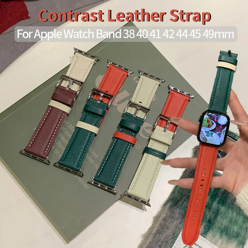 

Contrast Leather Strap for Apple Watch Serie 7 Correa 45mm 49mm 38 42 Women Slim Bracelet for IWatch Band 9 8 SE 6 5 4 40mm 44mm