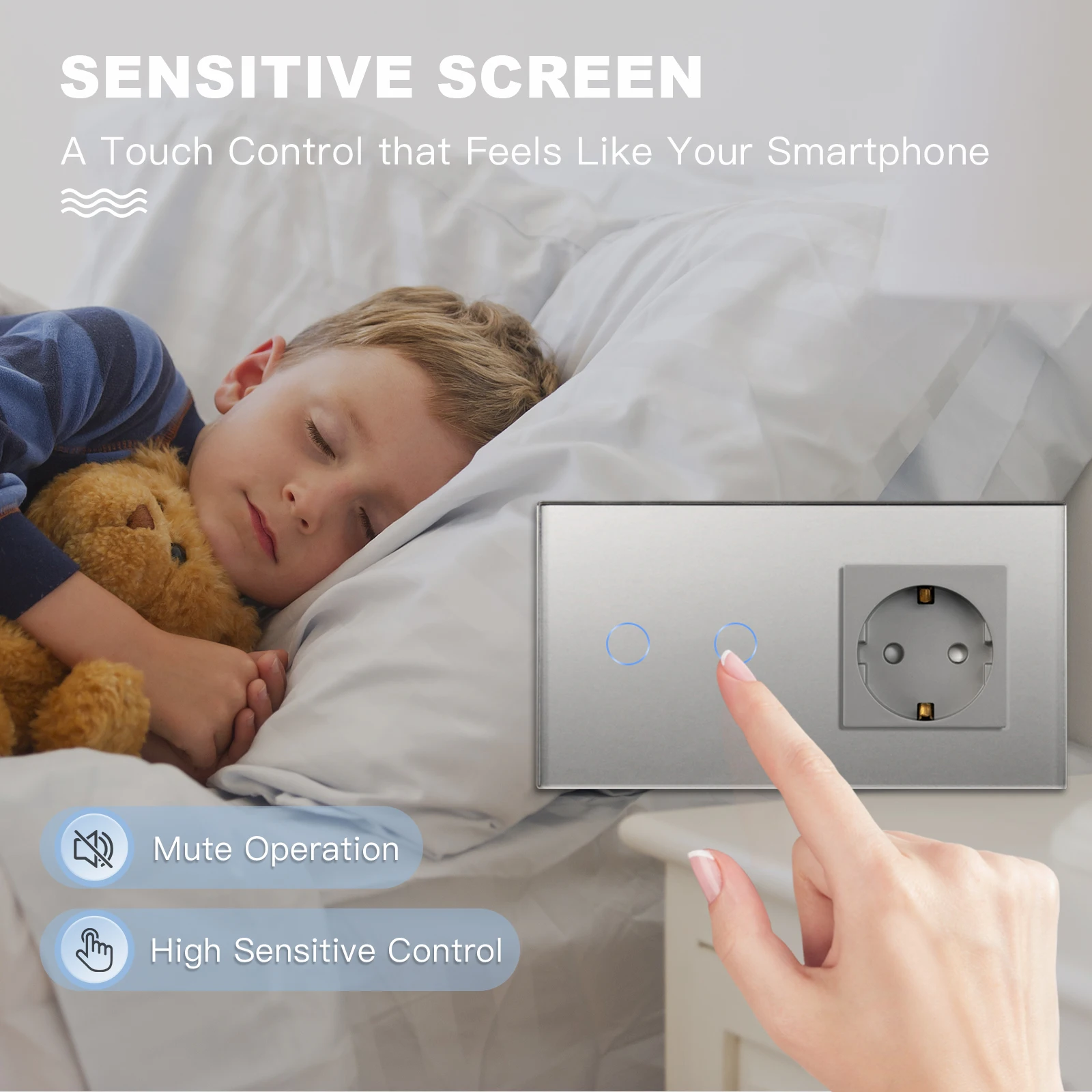 BSEED Touch Light Switch Wall EU Socket 1/2/3Gang 1Way Touch Switch Power Outlet Max.Load 300W/Gang Glass Panel Wall Switch