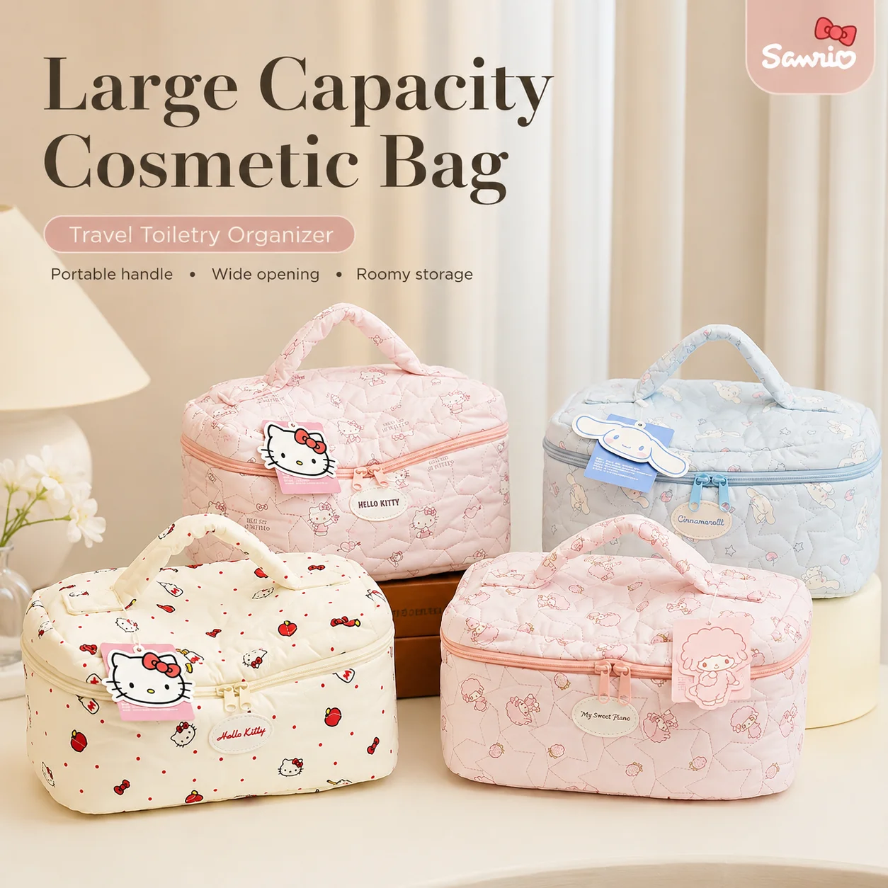 Sanrio Hello Kitty Cinnamoroll My Sweet Piano Cartoon Gesteppte Kosmetiktasche für Mädchen mit großer Kapazität, Beauty-Organizer, Toilettentasche