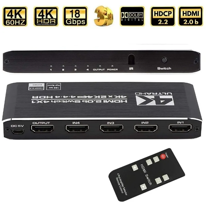 4K HDMI-compatible Switch 4 Port 4 In 1 Out HD Switcher Selector HDCP2.2 IR Remote Control Auto Switch For PC Game TV Projector