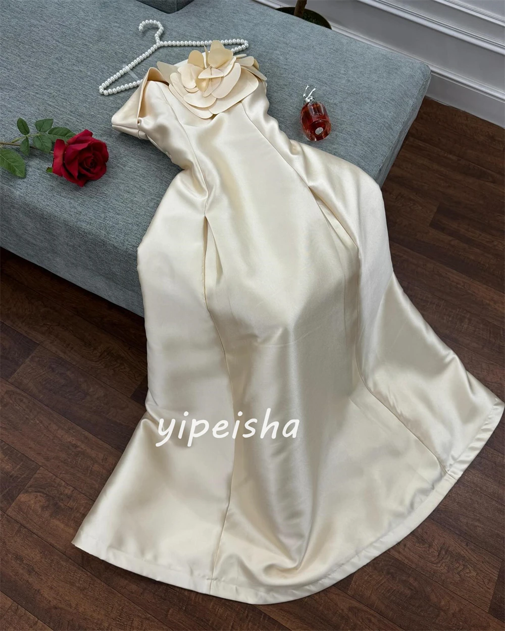 Robe de Bal en Satin Froncée à Fleurs, Ligne A, Sans Bretelles, sur Mesure, pour Occasions