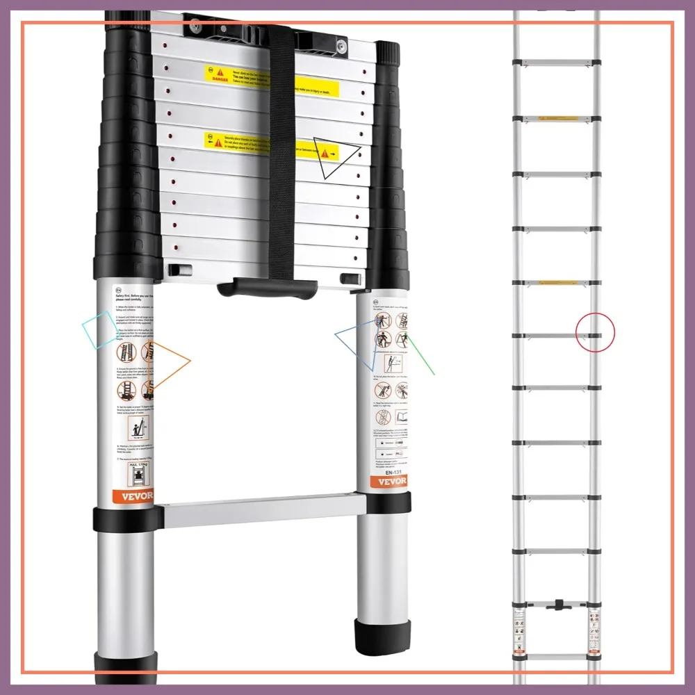 12.5FT Telescoping Ladder Aluminum One-Button Retraction 375LBS Capacity Non-Slip Portable Home RV Loft