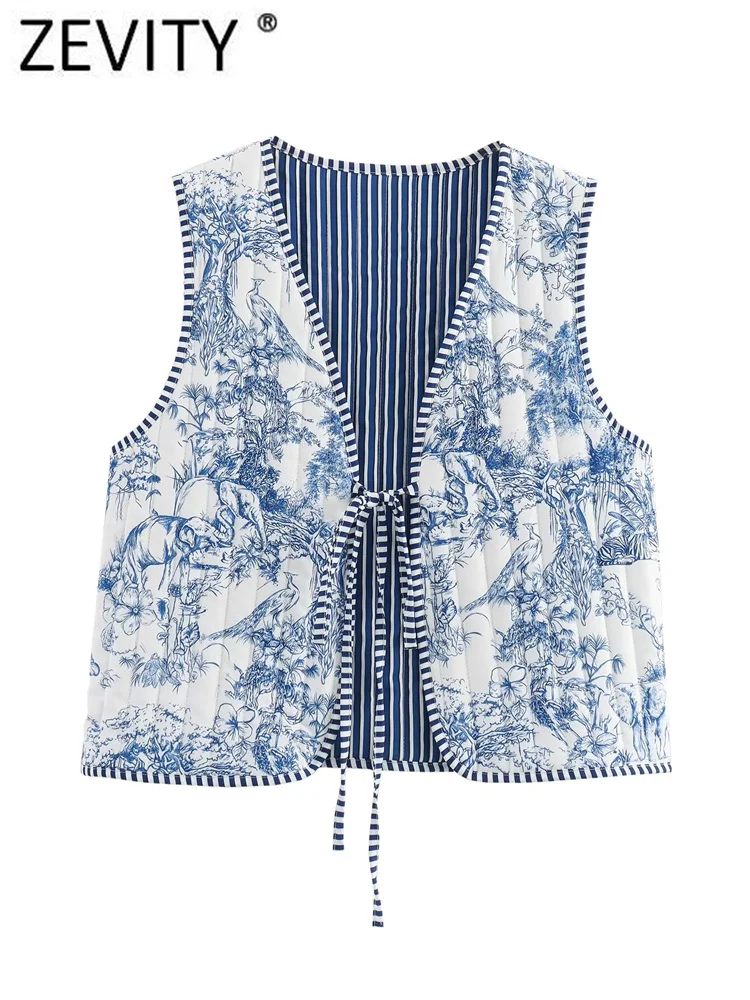 Zevity Women Vintage V Neck Patchwork Floral Print Quilted Cotton Vest Jacket Ladies Retro Lace Up Slim WaistCoat Tops CT6267