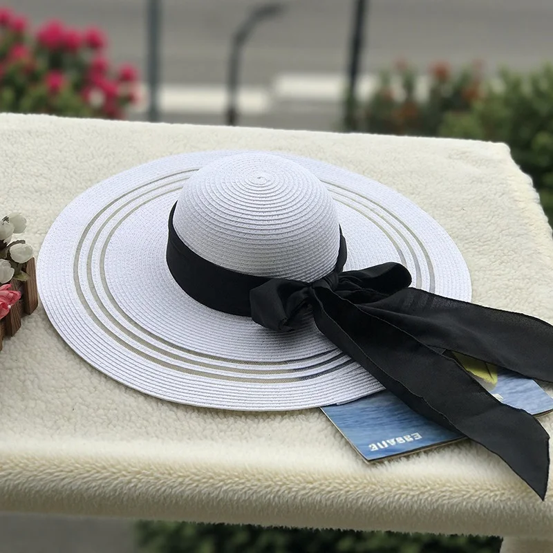 

Spring And Summer Paper Straw Cotton Bowknot Round-top Wide-brimmed Hat Straw Hat Large-brimmed Sun Hat Sun Protection Beach Hat