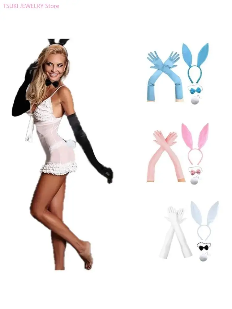 

62KE Rabbit Ears Headband Cosplay Costume Hairhoop Necktie Arm Gloves Party Headpiece Masquerades Headdress Animes Outfit