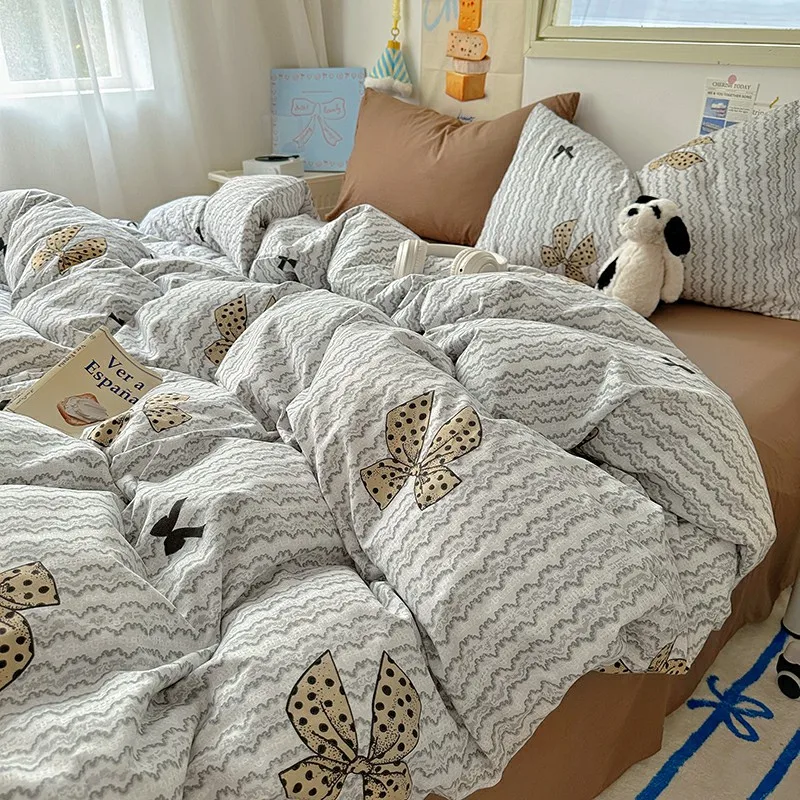 

Wavy Stripes Duvet Cover Gray White Khaki Bedding Sheets Set Home Textiles Lace Bow 1.5/1.8m Bed Wash Cotton Comforter Bed Linen